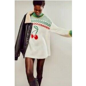 Free People Dress Cherry Heart Sweater Mock Neck Thick Green Red Holiday L New